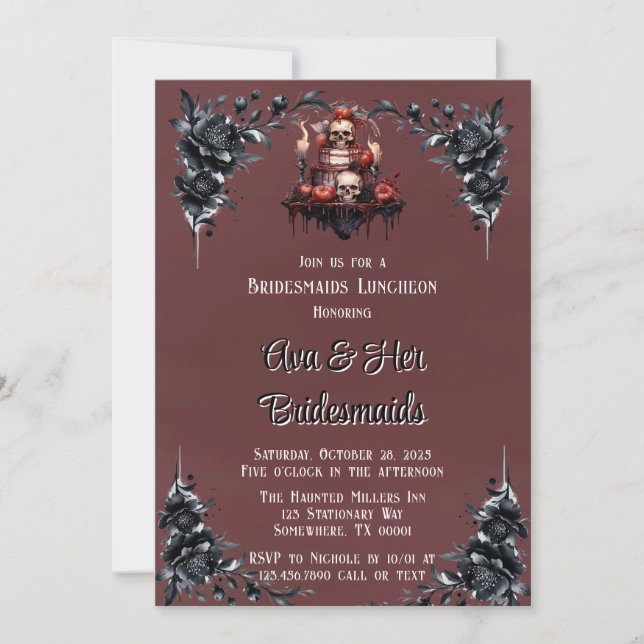 Invitación Sangre Rojo Gótico Black Floral Bridesmaids Lunche (Anverso)