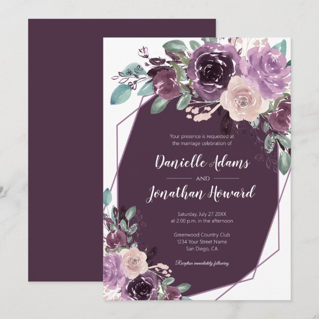 Invitación Sangria Boda geométrico morado oscuro | (Anverso / Reverso)