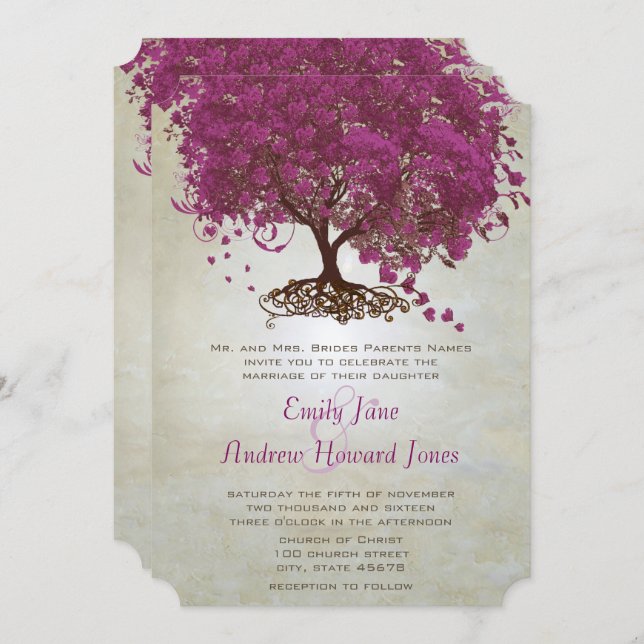 Invitación Sangria Wine Purple Heart Leaf Tree Boda (Anverso / Reverso)