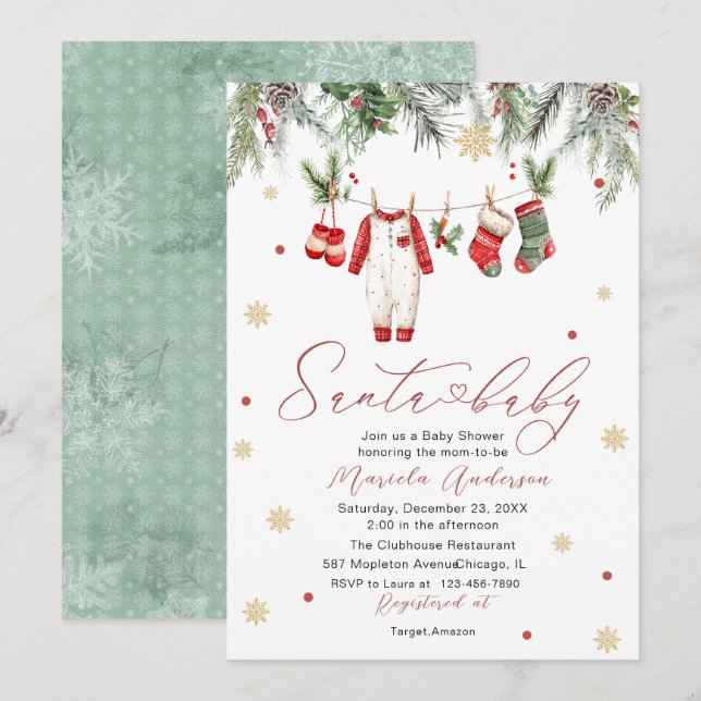 Invitación Santa acuarela bebé invierno Cumpleaños de bebé fu (Anverso / Reverso)
