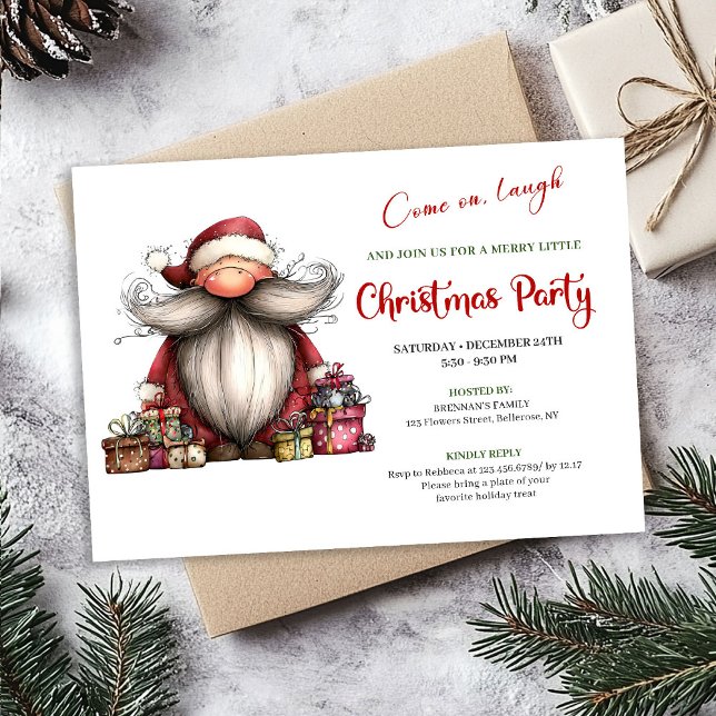 Invitación Santa Alegre y Divertido Dibujado a Mano para las  (Lighthearted Quirky Santa Hand Drawn Holiday Invite)