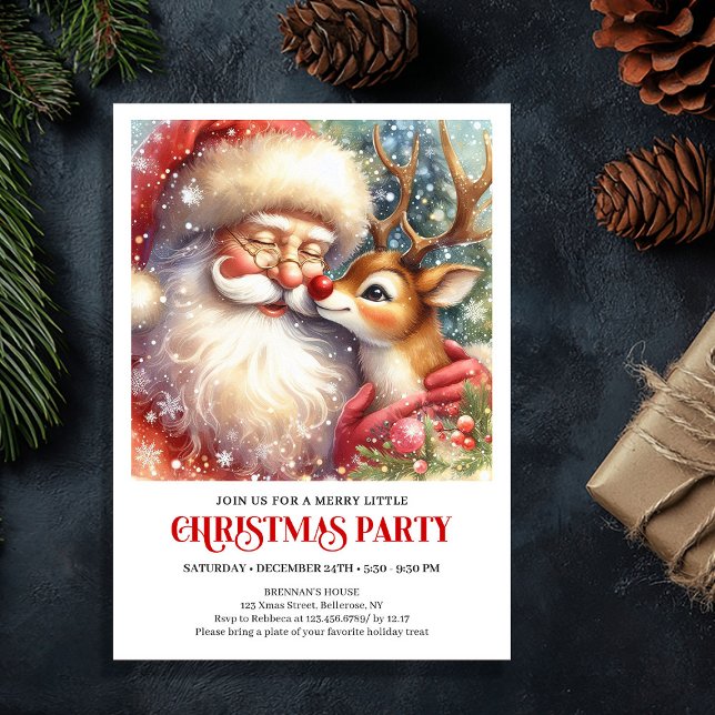 Invitación Santa and Red Nose Rudolph Christmas Party Invite (Santa and Red Nose Rudolph Christmas Party Invite)