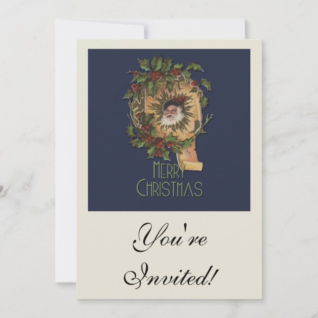 Invitación Santa Antiguo Vintage Navidad Holly (Anverso)