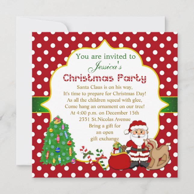 Invitación Santa, árbol, caballo mecedora embroma a la fiesta (Anverso)
