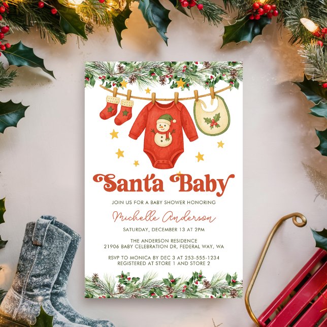 Invitación Santa Baby Christmas Clothesline Baby Shower  (Santa Baby Red Christmas Clothesline Baby Shower Invitation
)
