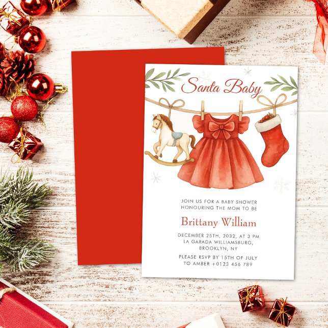 Invitación Santa Baby Christmas Clothesline Girl Baby Shower  (Subido por el creador)