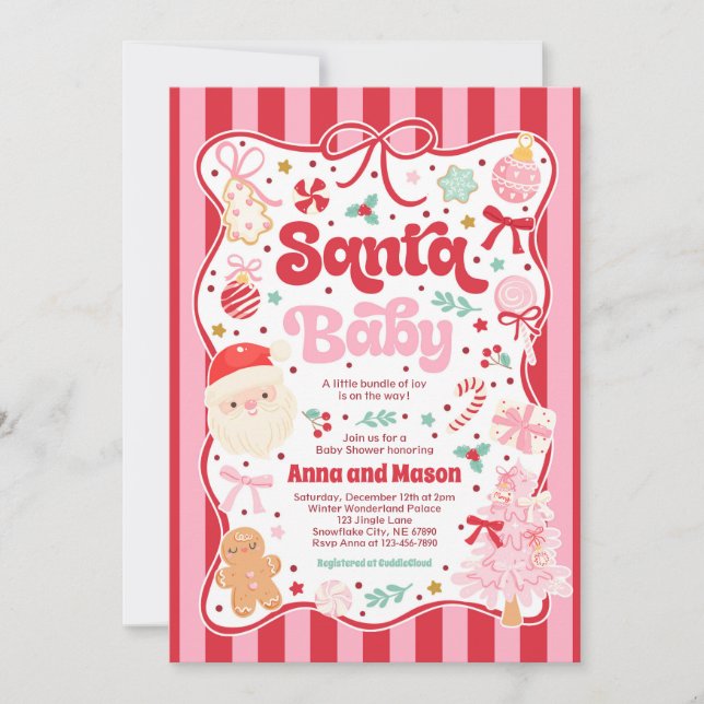 Invitación Santa Baby Christmas Coquette Bow Baby Shower (Anverso)
