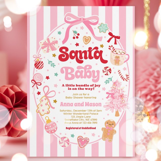 Invitación Santa Baby Christmas Coquette Bow Baby Shower (Subido por el creador)
