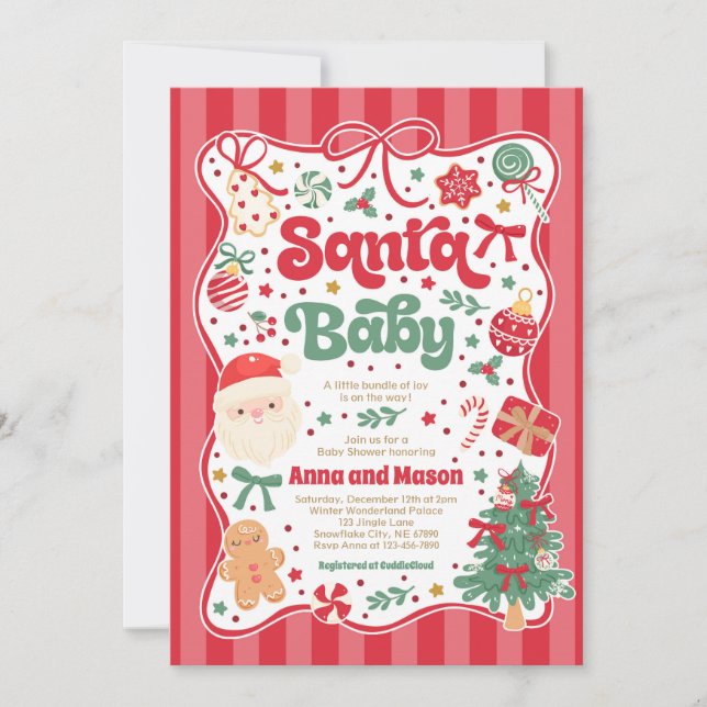 Invitación Santa Baby Christmas Coquette Bow Baby Shower (Anverso)