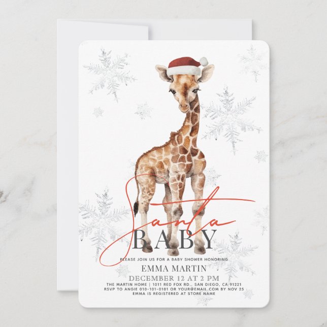 Invitación Santa Baby Giraffe Snowflakes Baby Shower (Anverso)