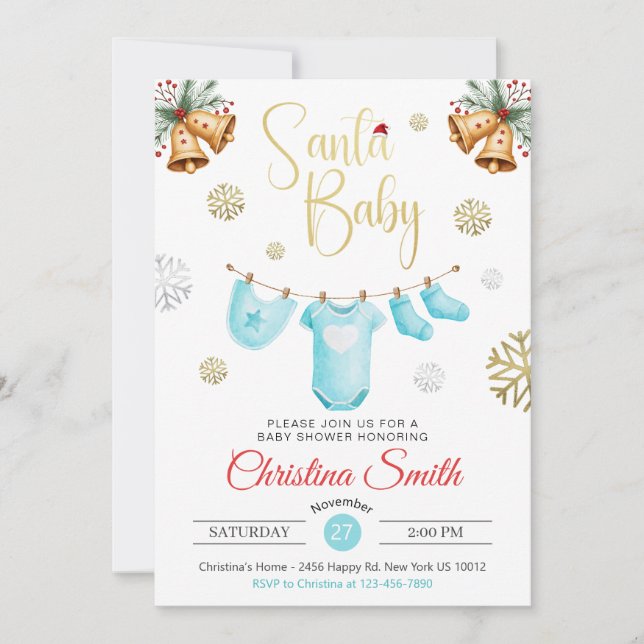 Invitación Santa Baby Gold Snowflakes Winter Baby Boy Shower (Anverso)