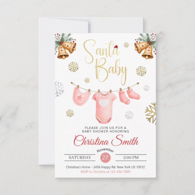 Invitación Santa Baby Gold Snowflakes Winter Baby Shower (Anverso)
