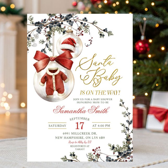 Invitación Santa Baby Minimalist Winter Baubles Baby Shower (Subido por el creador)