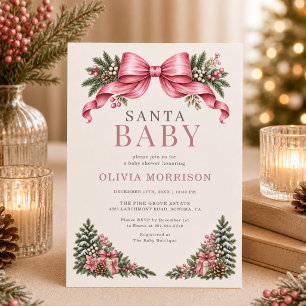 Invitación Santa Baby Pink Bow Baby Shower