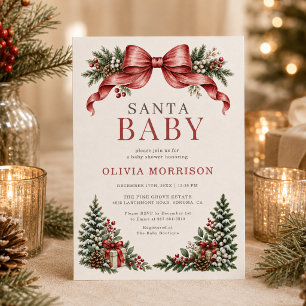 Invitación Santa Baby Red Bow Baby Shower