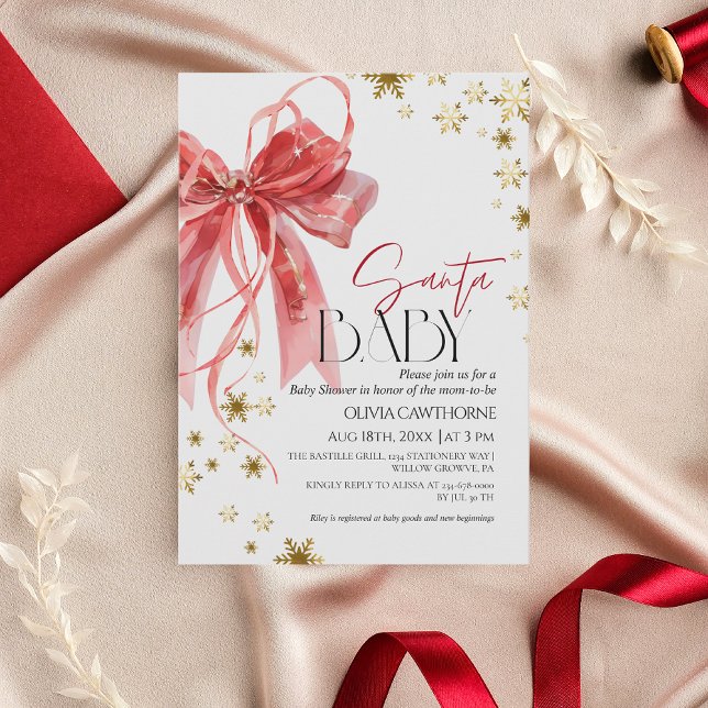 Invitación Santa Baby Red Gold Christmas Baby Shower (Subido por el creador)