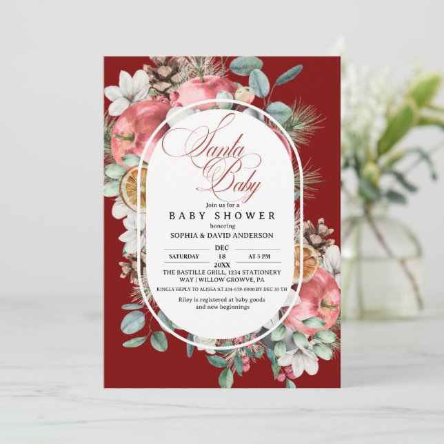 Invitación Santa Baby Script Winter Pine Tree Greenery Shower (Anverso de pie)