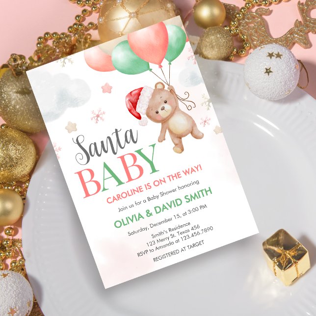 Invitación Santa Baby Shower (Santa Baby Bear Baby Shower Invitation)