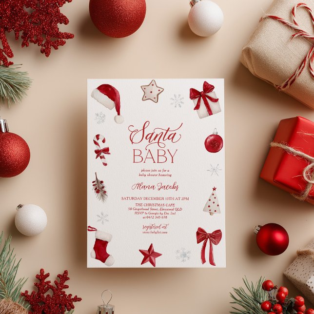 Invitación Santa Baby Shower Christmas Festive  (Santa Baby! Christmas themed Baby Shower in red and white)