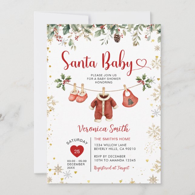 Invitación Santa Baby Shower Clothesline Christmas Floral (Anverso)