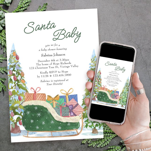 Invitación Santa Baby Vintage Sleigh Baby Shower (Santa Baby Christmas Baby Shower Invitation with christmas tree and green velvet sleigh)