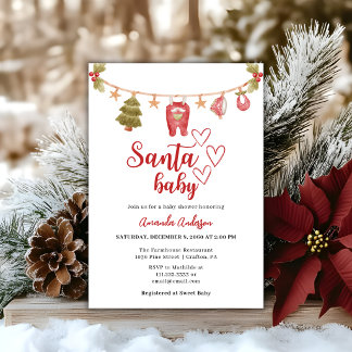 Invitación Santa Baby Winter Christmas Red Baby Shower