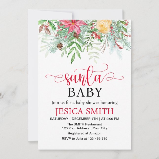 Invitación Santa Baby Winter Greenery Baby Shower (Anverso)