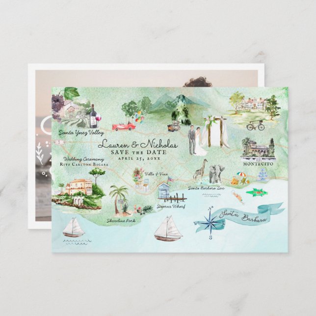 Invitación Santa Bárbara | Mapa Itinerario de Boda de Destino (Anverso / Reverso)