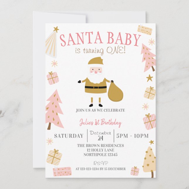 Invitación Santa Bebé cumple 1 año, Chicas Navidades Cumpleañ (Anverso)