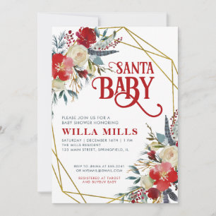 Invitación Santa Bebé Navidades Red Greenery Gold Baby Shower