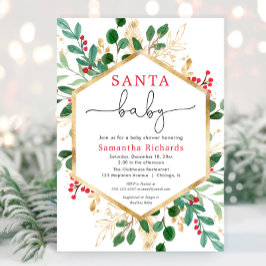 Invitación Santa Bebé Navidades verde rojo dorado ducha bebé