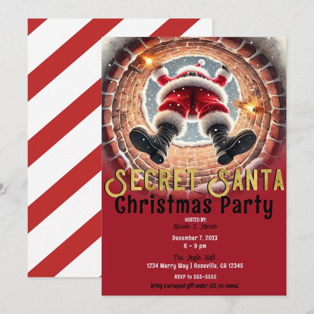 Invitación Santa Claus baja el Fiesta secreto de chimenea (Anverso / Reverso)