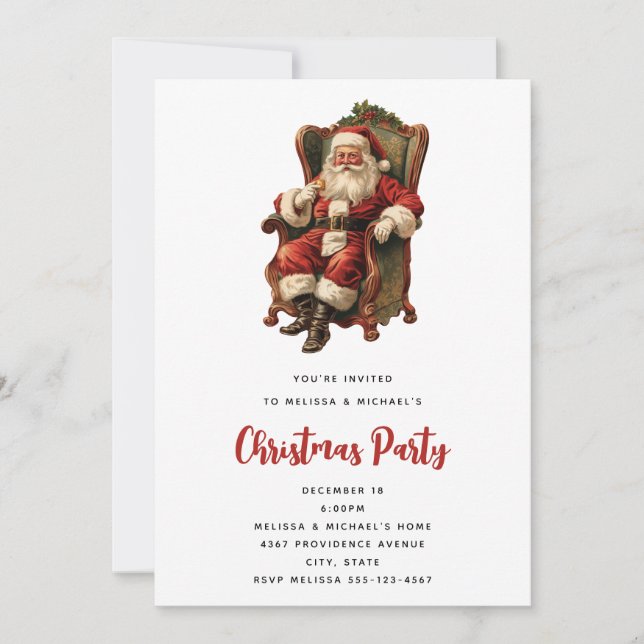 Invitación Santa Claus Retro Sentado en una Silla Navidad (Anverso)
