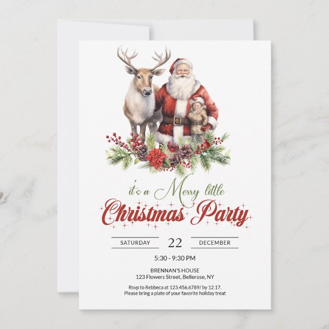 Invitación Santa Claus tradicional con renos y niños (Anverso)