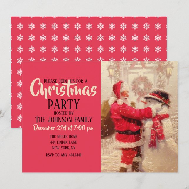 Invitación Santa Claus y el muñeco de nieve en la nevada (Anverso / Reverso)