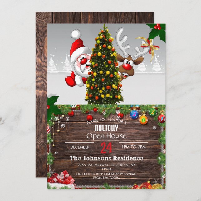 Invitación Santa Claus y los renos (Anverso / Reverso)
