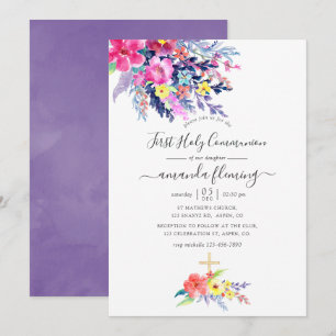 Invitación Santa Comunión floral de acuarela colorida de prim