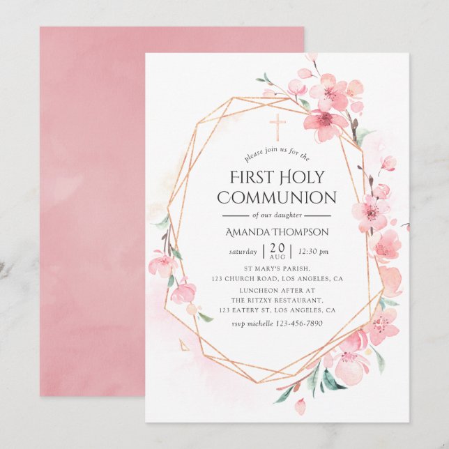 Invitación Santa Comunión Geométrica Flor de Cerezo Rosa (Anverso / Reverso)