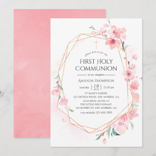 Invitación Santa Comunión Geométrica Flor de Cerezo Rosa