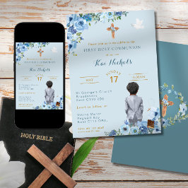 Invitación Santa Comunión Niño Africano-Estadounidense Azul