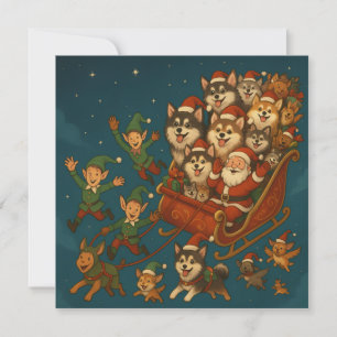 Invitación Santa con cachorros alegres y elfos!