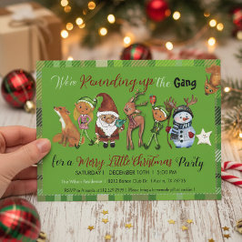 Invitación Santa, Elfos, Ciervos y Pandilla de Muñeco de Niev