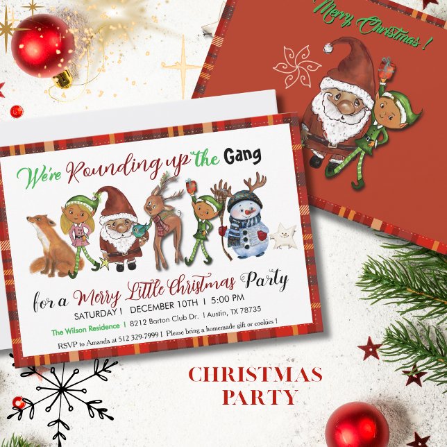 Invitación Santa, Elves, Deer & Snowman Gang Red Plaid (Santa, Elves, Deer & Snowman Gang Red Plaid Invitation)