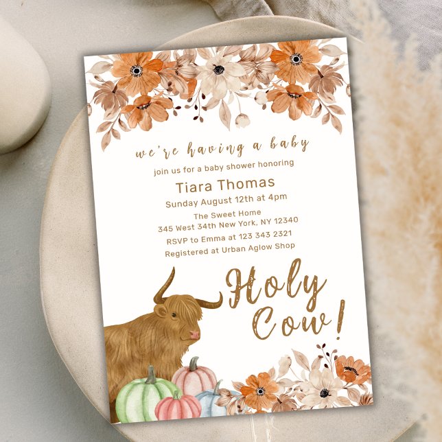 Invitación Santa Floral de vaca otoño Highland Cow Baby Showe (Holy Cow Floral Fall Highland Cow Baby Shower Invitation)
