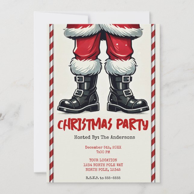 Invitación Santa genial con botas negras para la fiesta de Na (Anverso)