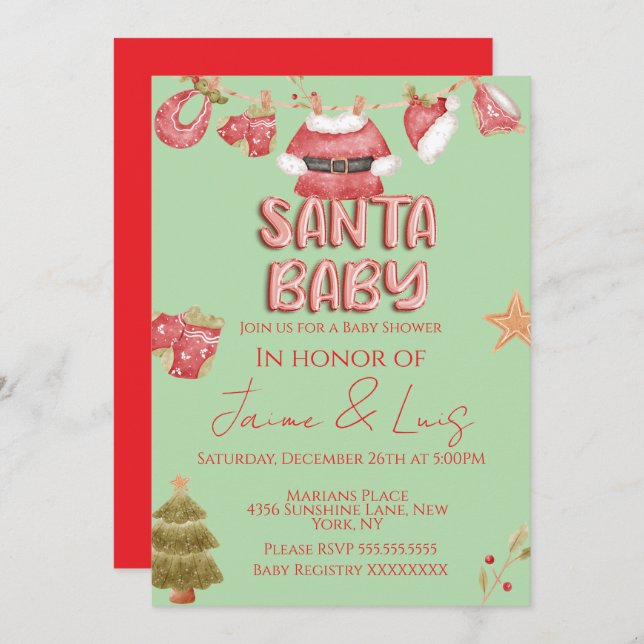 Invitación Santa Girl Boy Holiday Green Baby Shower   (Anverso / Reverso)