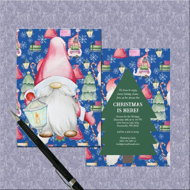 Invitación Santa Gnome para vacaciones Navidades Patrón azul (Santa Gnome for Holidays Christmas Pattern Blue Invitation)