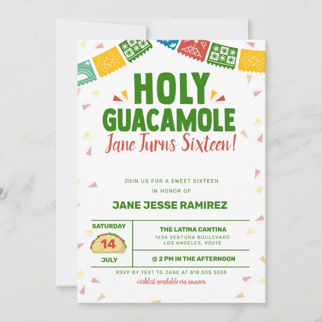 Invitación Santa Guacamole Fiesta de Cumpleaños 16 (Anverso)