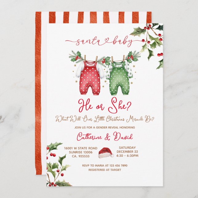 Invitación Santa He or She Christmas Gender Reveal Invitation (Anverso / Reverso)
