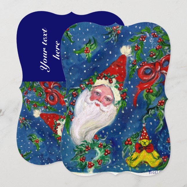 Invitación SANTA, HOLLYBERRIES, CROWNS, NAVIDADES FIESTA Azul (Anverso / Reverso)